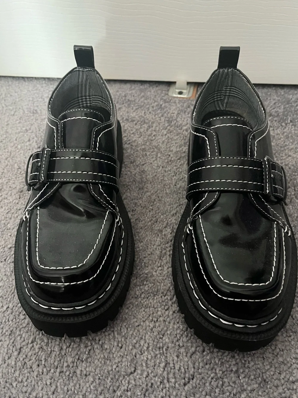 Circus by Sam Edelman Black Patent Platform Loafers with White Stitching